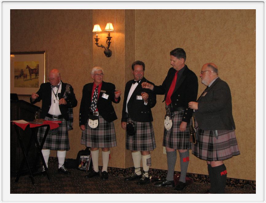 Installation of New Officers - on left outgoing President Norm, Representative of the Clan Chief - Roger, Vice President Joey, Member at Large USA - Harold and new President Dick Badger